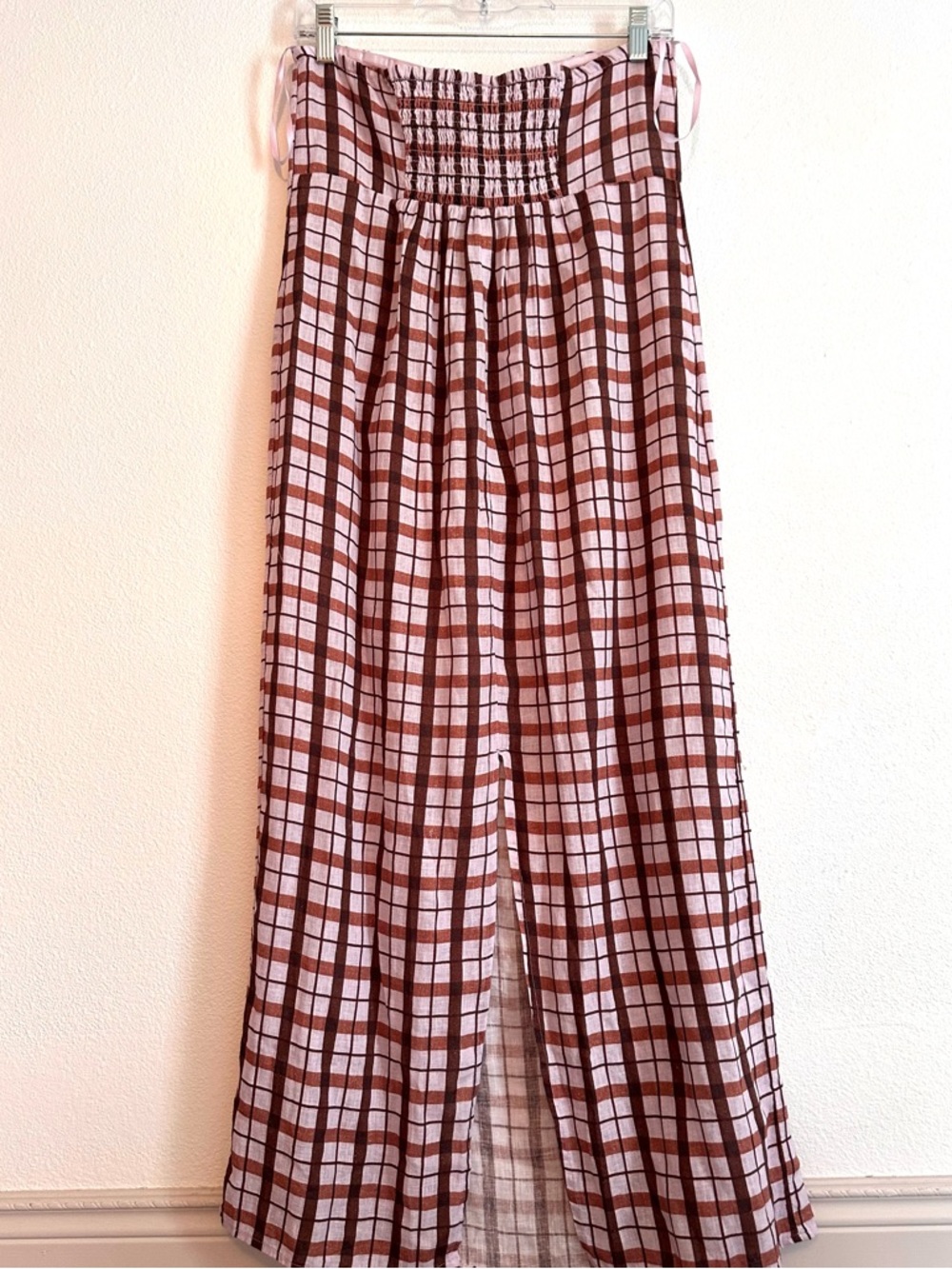 Anthropologie Linen Strapless Aliza Plaid Smocked Dress S M pink brown crème - Picture 3 of 9